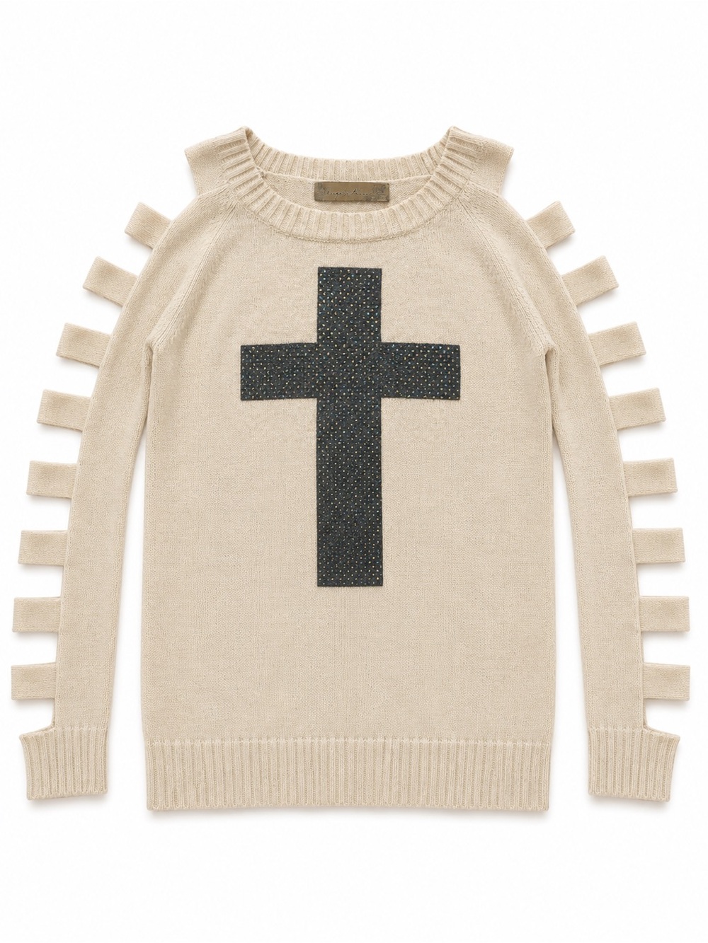 Angel Kiss Cream Cross Cutout Sleeve Sweater, Size L